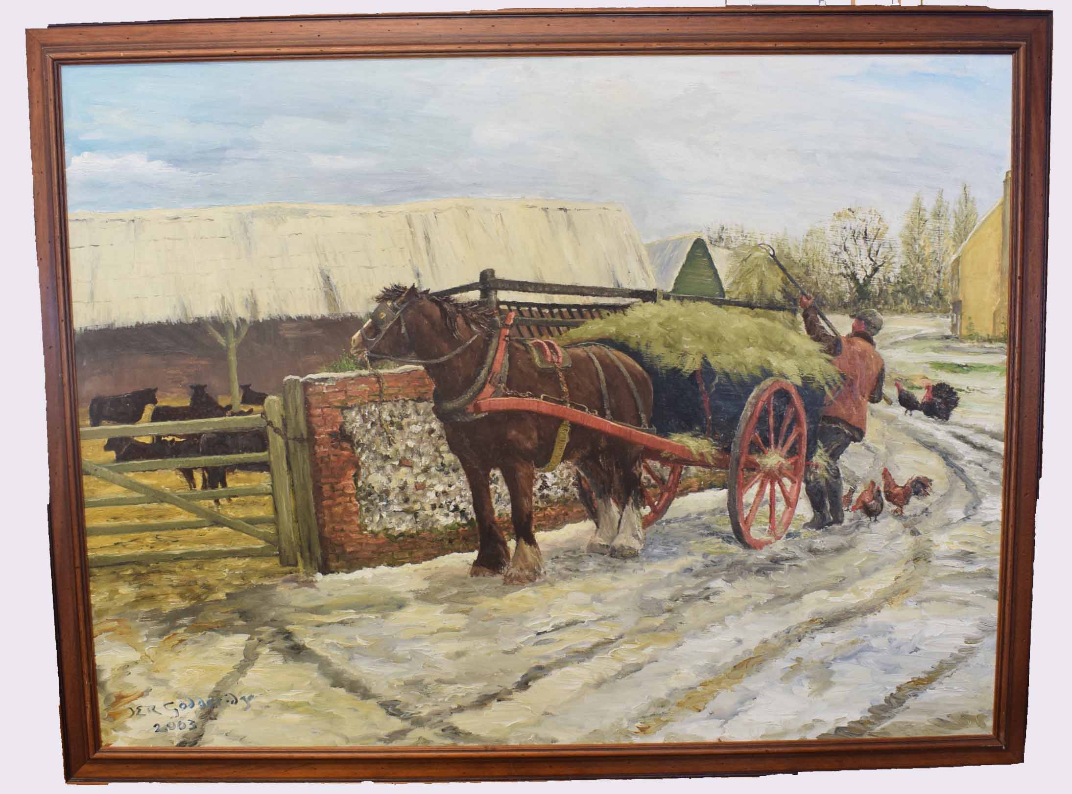 Joe E R Godridge, signed and dated 2003, oil on board, Unloading the Haycart, 90 x 120m