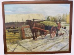 Joe E R Godridge, signed and dated 2003, oil on board, Unloading the Haycart, 90 x 120m