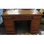 Oak twin pedestal desk, gilt tooled, brown leather inset over three frieze drawers supported by