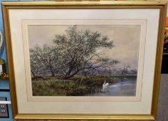 W Baird, signed watercolour, River landscape with swan, 24 x 34cm