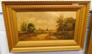 William Marjoram, signed oil on board, Norfolk landscape with figure, 24 x 44cm