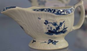 Lowestoft porcelain butter boat decorated in underglaze blue with Chinese island scenes with