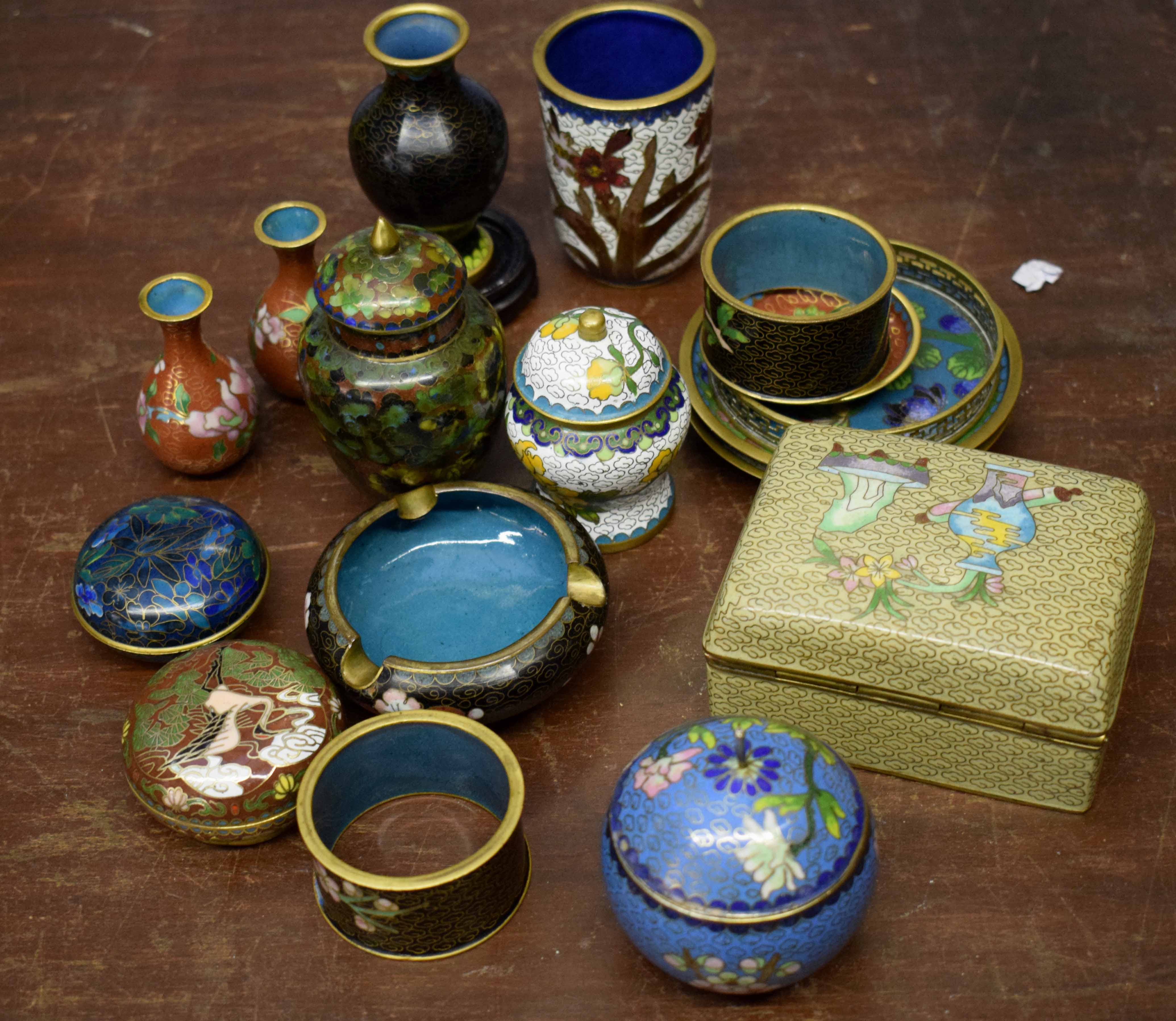 Group of Chinese/Japanese cloisonne wares comprising a box and cover, cylindrical vase, three
