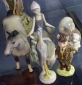 Group of various porcelain models including a Beswick horse, a pig, two Lladro models of children (
