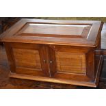 Unusual mahogany possible shoe-shine cabinet, lifting lid and opening doors enclosing six fitted