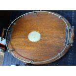 Early 20th century oak and silver plated mounted two-handled oval tray with gallery surround (silver