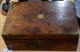 Victorian walnut writing box with brass bound corners and strapwork with brass central name plate