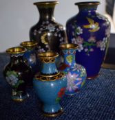 Group of cloisonne wares comprising two large vases and four smaller examples, largest vase 18cm