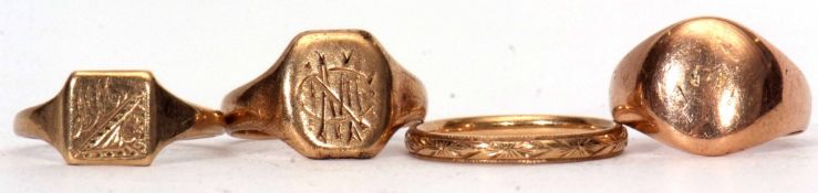 Mixed Lot: three 9ct gold signet rings (a/f) together with a 9ct wedding ring, chased and engraved
