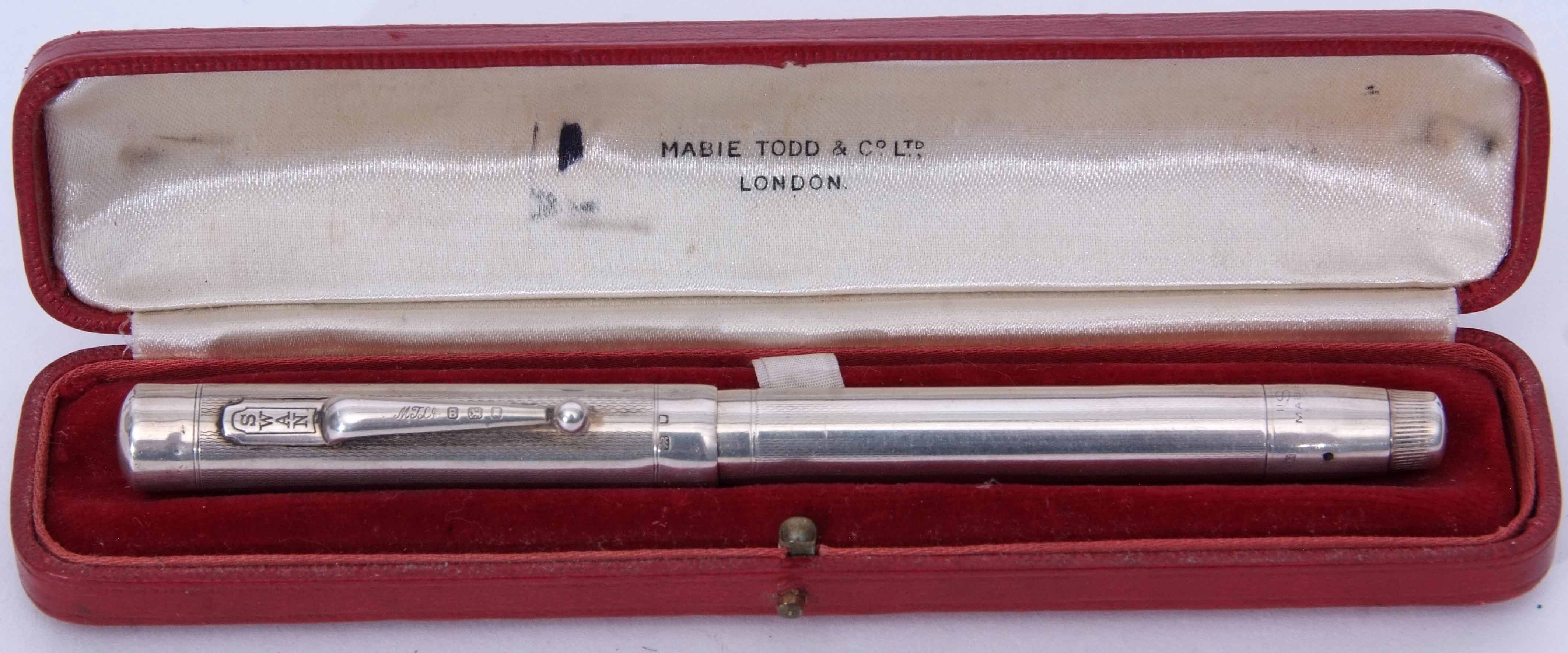 George VI silver cased fountain pen, Mabie Todd & Co Ltd - London, the cylindrical case with screw