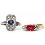 Mixed Lot: Art Deco style sapphire and diamond ring featuring a bezel set circular cut sapphire in a