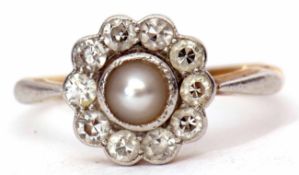 Antique grey pearl and diamond cluster ring, the collet set central grey pearl within a surround