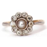 Antique grey pearl and diamond cluster ring, the collet set central grey pearl within a surround