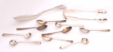 Mixed Lot: pair of Victorian Fiddle pattern sugar tongs, together with a single struck Fiddle and