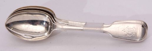 Six Victorian Fiddle pattern tea spoons, monogrammed, length 14.5cm, combined weight approx