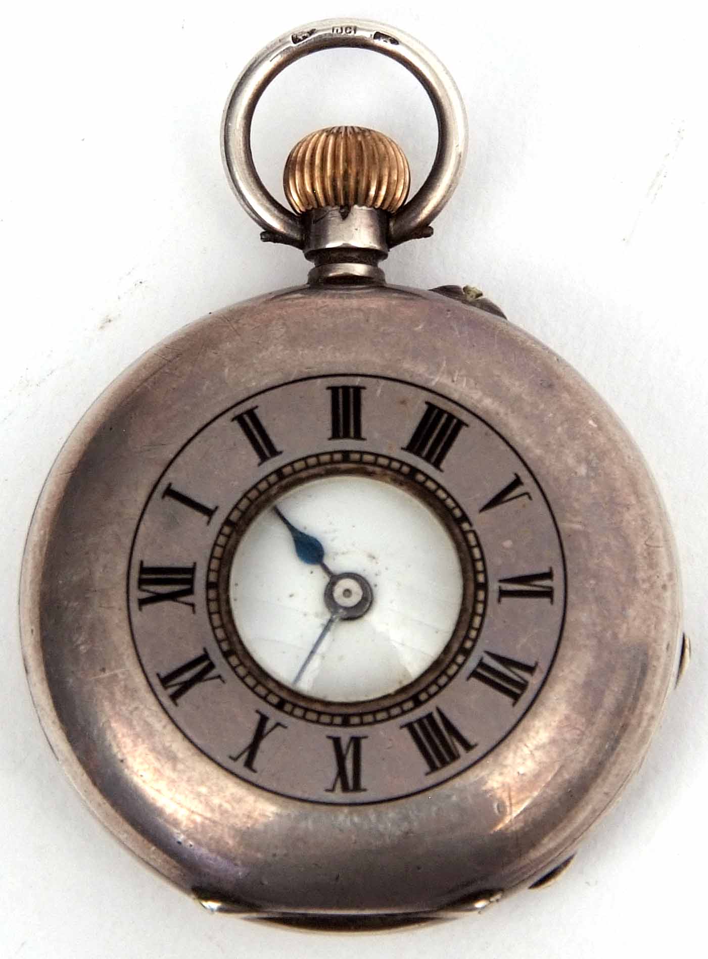 Early 20th century Swiss silver cased half hunter keyless fob watch, frosted gilt and jewelled