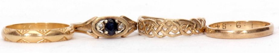 Mixed Lot: two 9ct plain gold rings, a modern 9ct gold sapphire and diamond ring and a plain