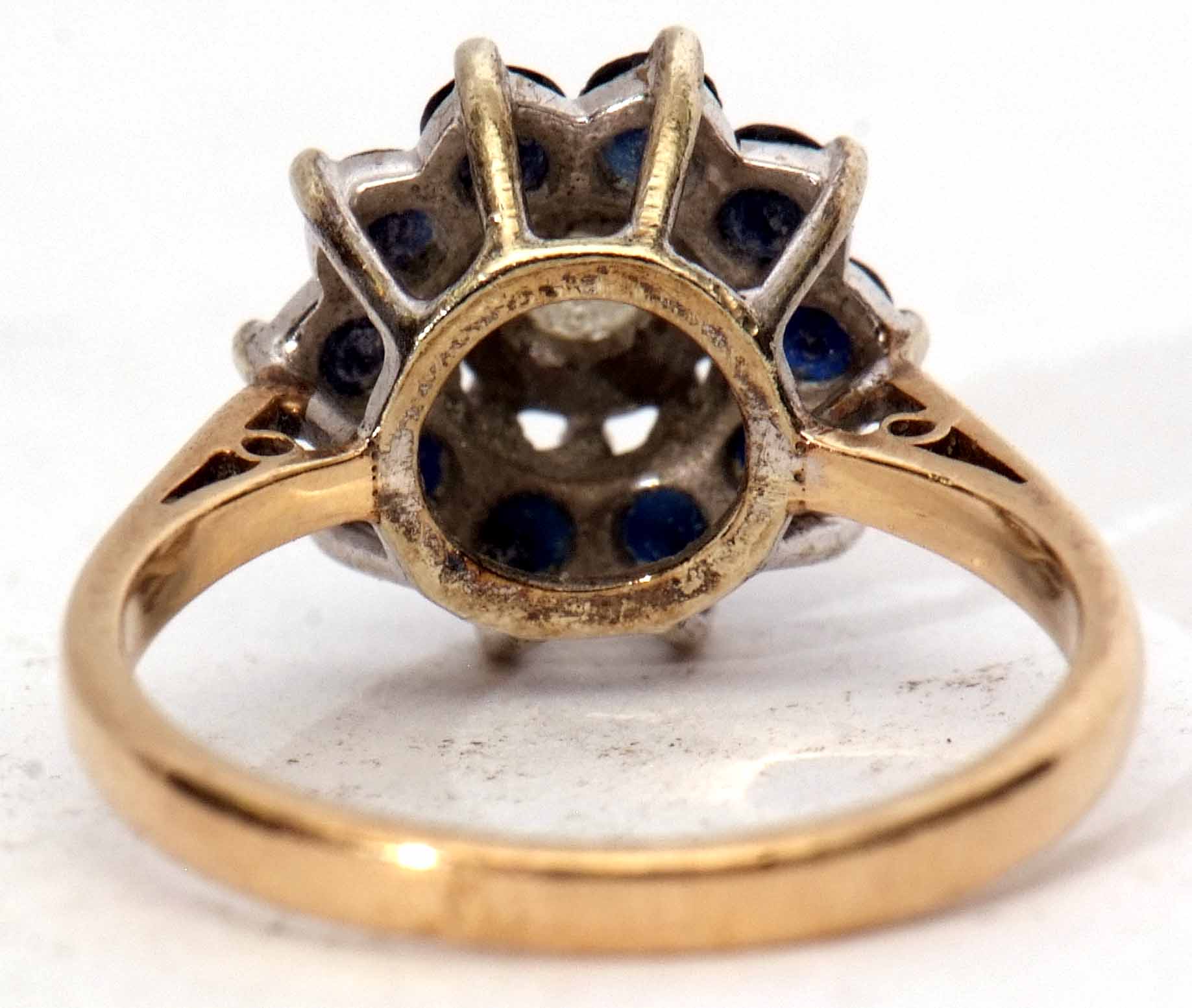 9ct gold, sapphire and diamond cluster ring, the small central diamond claw set in an illusion - Image 3 of 3