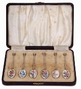 Cased set of six George VI silver and enamelled coffee spoons, each with wire work handles and
