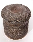 Late 19th/early 20th century white metal lidded canister of circular form with pull off cover with