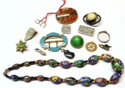 Mixed Lot: gilt metal and turquoise enamel buckle, moss agate oval brooch, glass millefiori