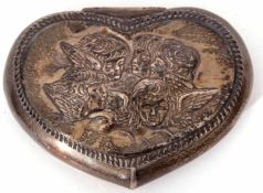 Late Victorian dressing table trinket box of heart shaped form, the hinged cover embossed with