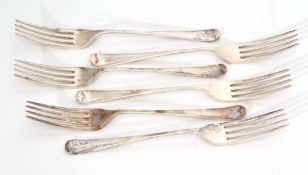 Six George VI Old English pattern dessert forks, length 16.5cm, combined weight approx 203gms,