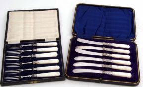 Mixed Lot: comprising a cased set of six mother of pearl handled stainless steel dessert forks