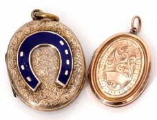 Mixed Lot: Victorian oval shaped locket, the centre applied with a blue enamel horseshoe, together