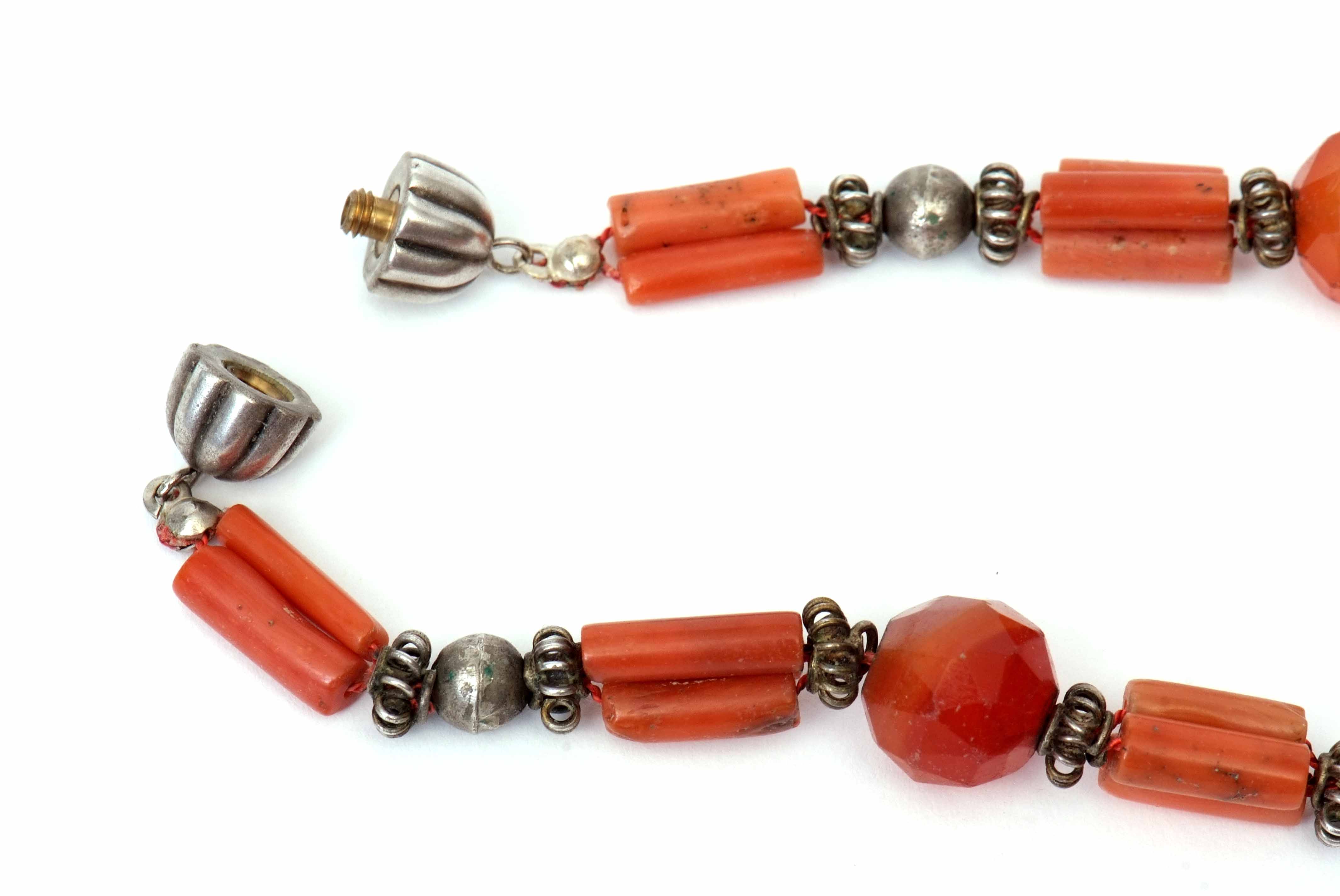 Early 20th century white metal, coral and glass bead necklace, a design featuring coral tubular - Image 3 of 3