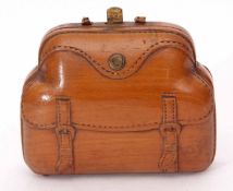 Late 19th century carved wooden purse modelled in the form of a Gladstone bag, the hinged body