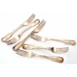 Six George III double struck Fiddle and thread pattern dinner forks, crested with a winged