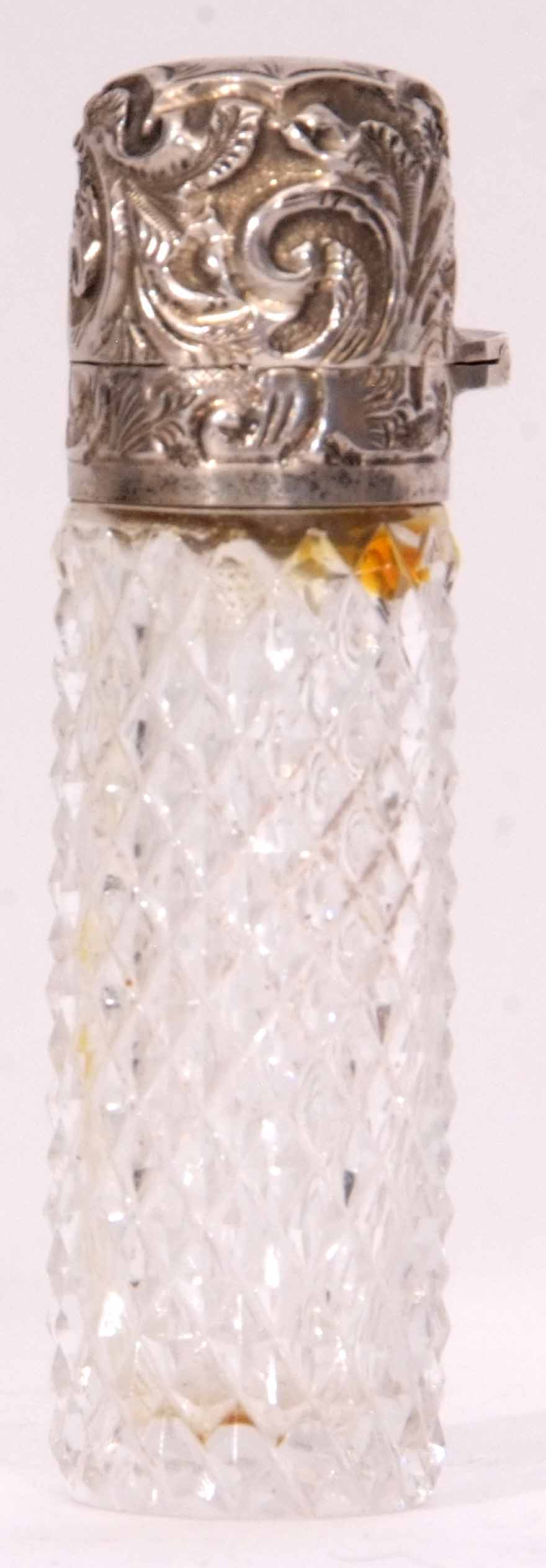 Late Victorian silver mounted and clear glass scent bottle, the cylindrical clear glass diamond - Image 2 of 2