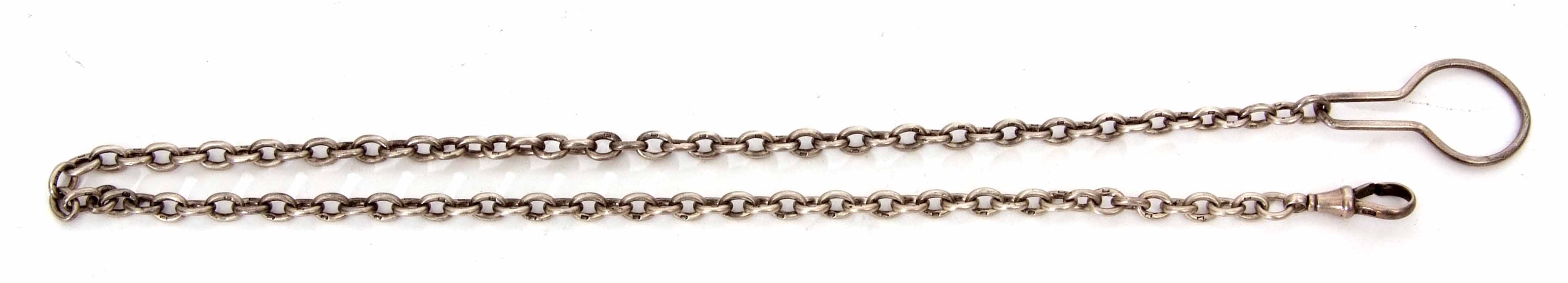 Late 19th century silver brick link watch chain set with single swivel and button holder, length
