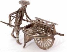 Early 20th century Chinese silver model of a street seller pushing a barrow marked to the base