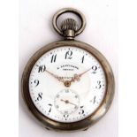 Early 20th century base metal cased open face keyless lever watch, Moeris "Invicta", the frosted