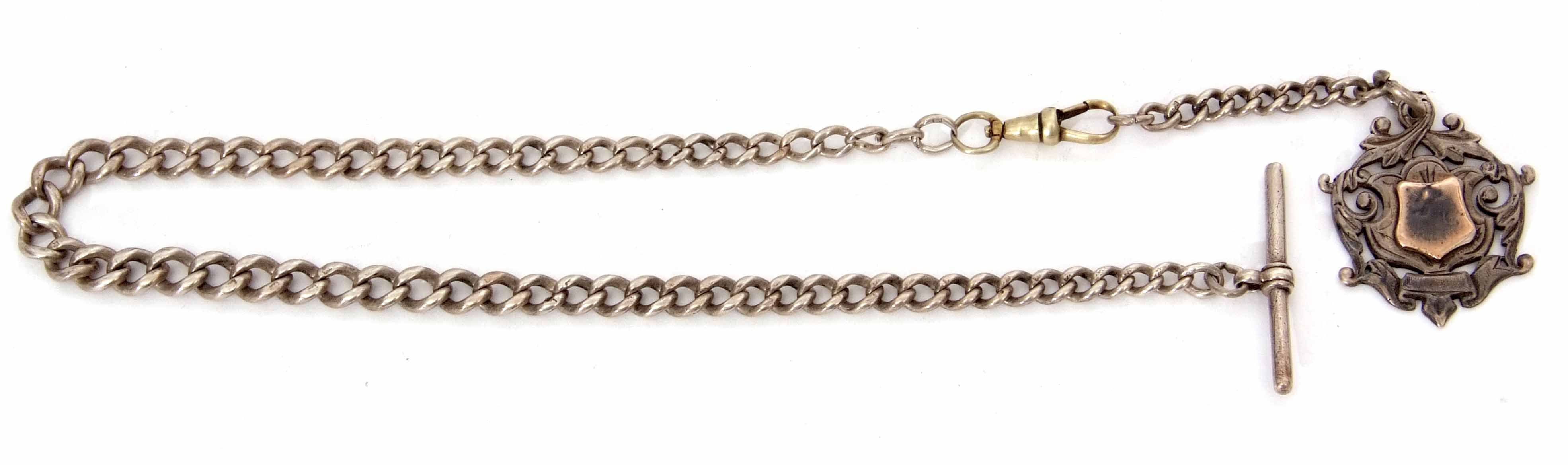 Late 19th century silver graduated curb link watch chain set with base metal swivel and with T-bar