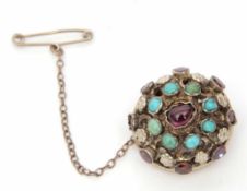 Austro-Hungarian gilt garnet and turquoise brooch, a high dome hollow shape, embellished with scroll