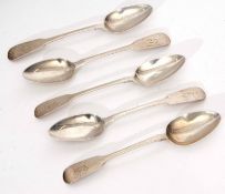 Five George IV Irish Fiddle pattern tea spoons with rat-tail bowls, initialled and further