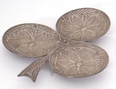 Late 19th/early 20th century white metal filigree serving dish of trefoil form with wrythen