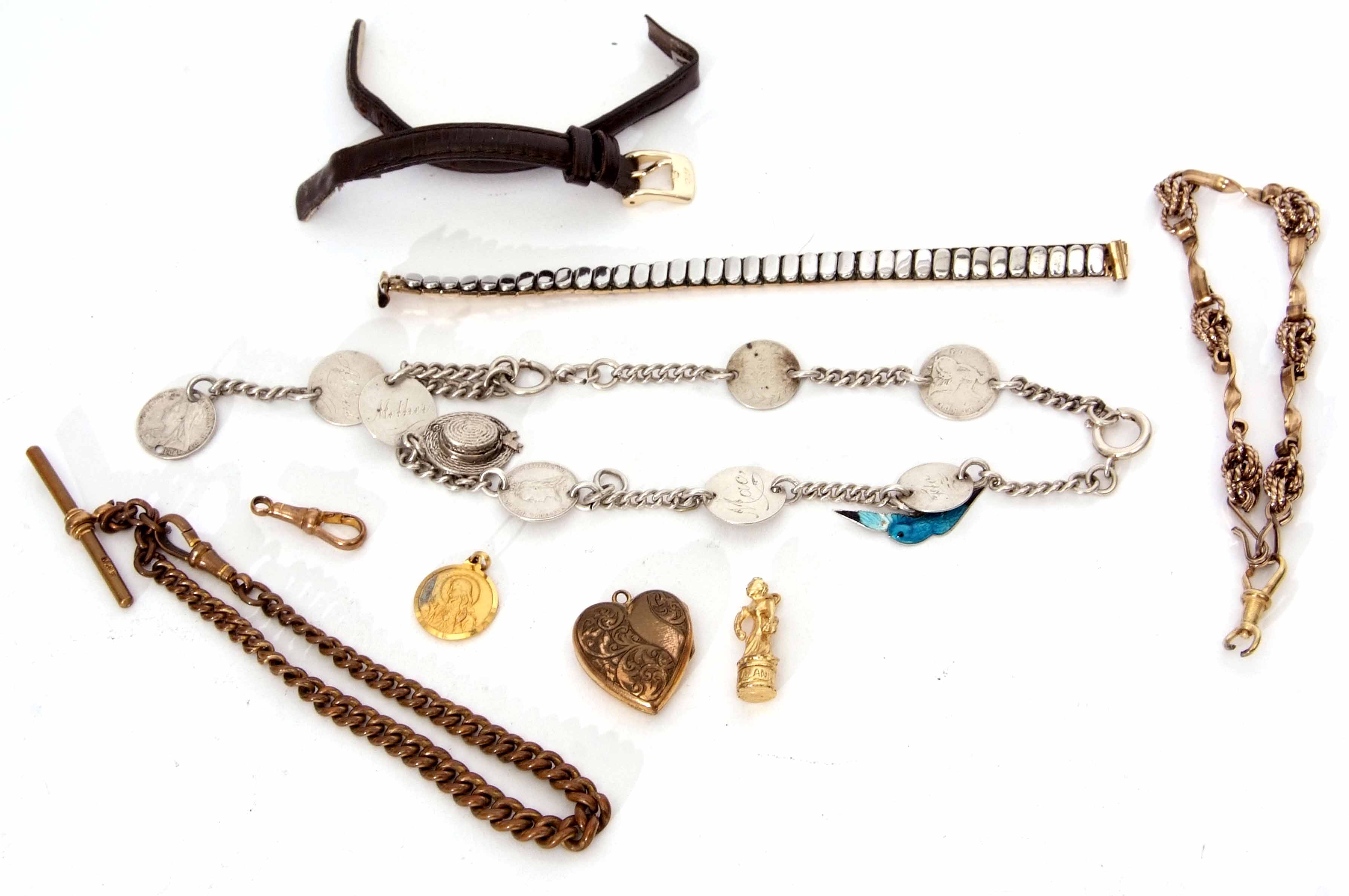 Mixed Lot: metal watch chain with T-bar and clip, two loose clips, a coin bracelet, a heart