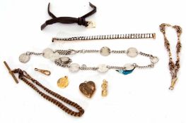 Mixed Lot: metal watch chain with T-bar and clip, two loose clips, a coin bracelet, a heart