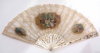 Late 19th century Continental mother of pearl and lace fan of 17 (of 18) stick construction, the