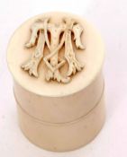 Late 19th/early 20th century ivory cylindrical canister, the pull off cover set with carved monogram