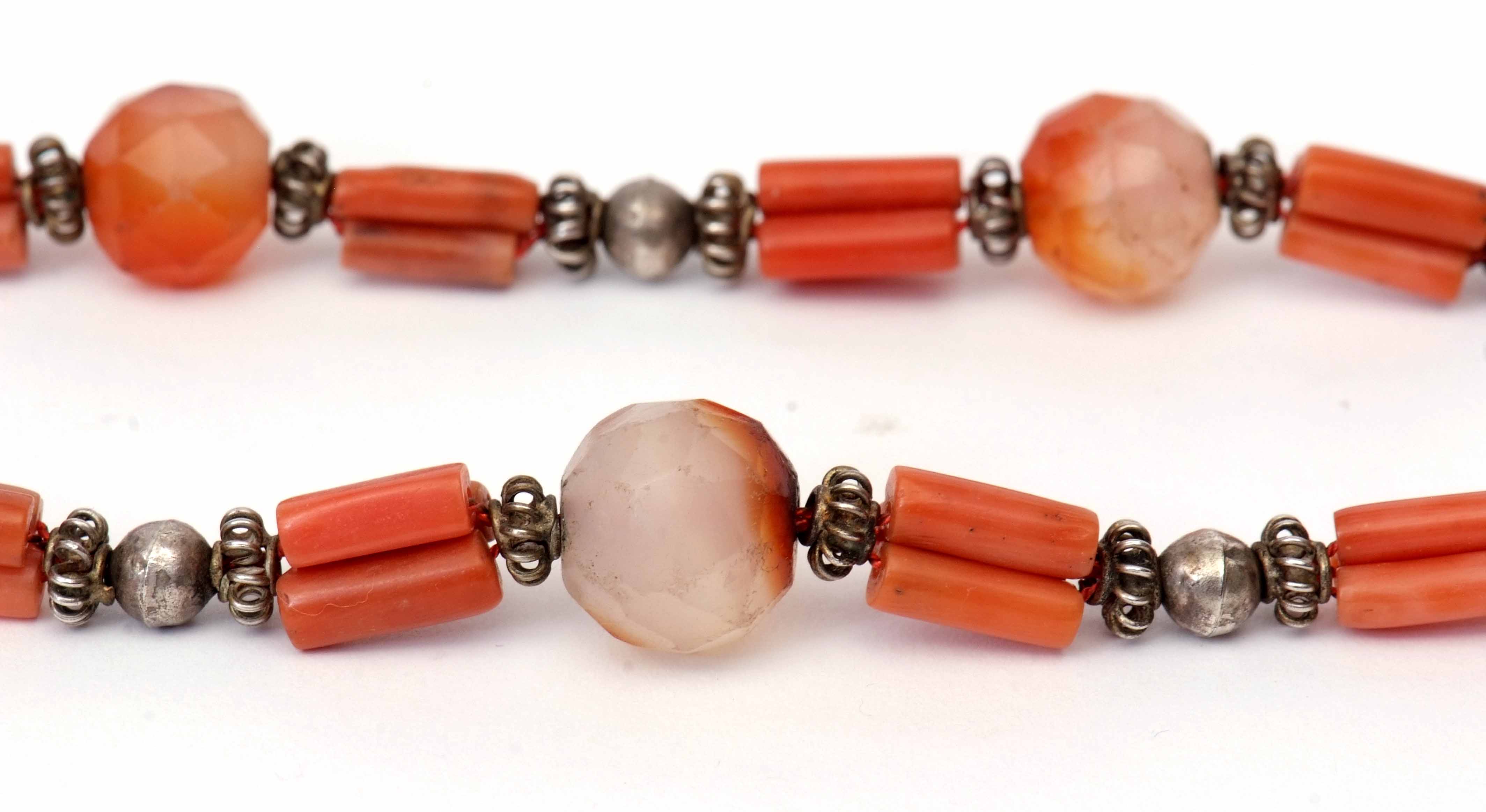 Early 20th century white metal, coral and glass bead necklace, a design featuring coral tubular - Image 2 of 3