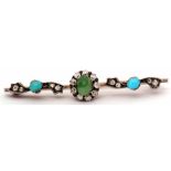 Turquoise and diamond cluster bar brooch, the diamond flower head centre between diamond and