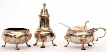 George V/George VI composite three piece cruet set comprising pepper caster,