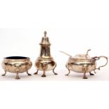 George V/George VI composite three piece cruet set comprising pepper caster,