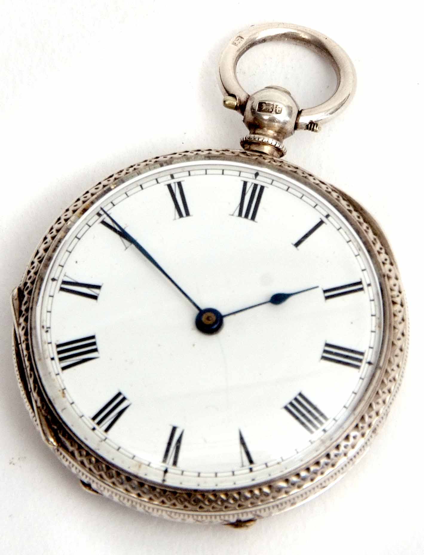 Late 19th century silver cased open face fob watch, the Swiss frosted and jewelled movement with