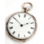 Late 19th century silver cased open face fob watch, the Swiss frosted and jewelled movement with